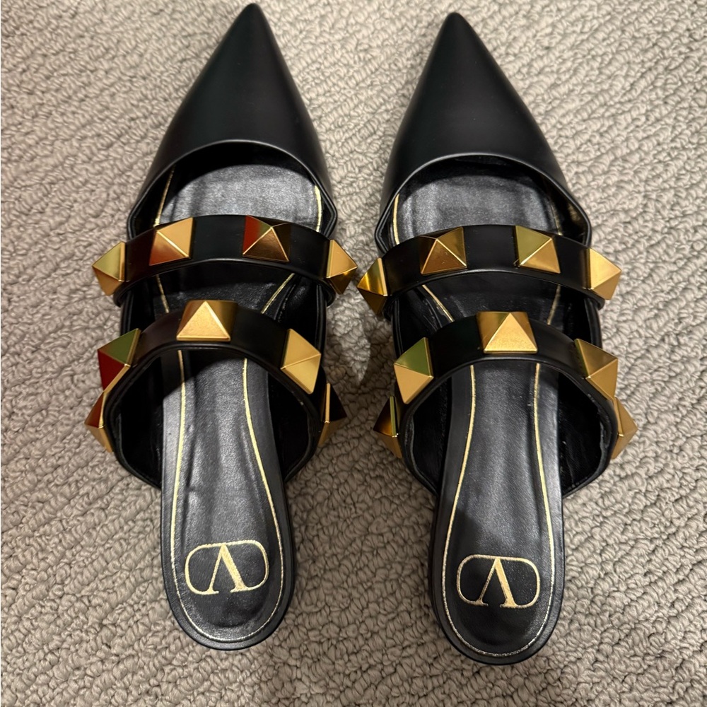 Valentino Garavani Black and Gold Studded Mules